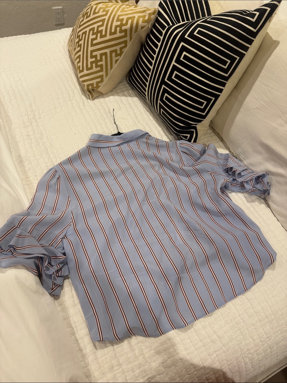 Frame Sky Blue Striped Button-Front Blouse with Ruffle Sleeves - Picture 4 of 4